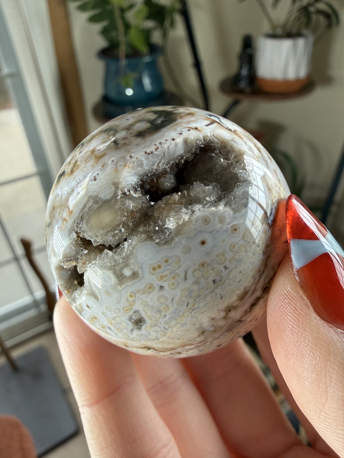 8th Vein Ocean Jasper Sphere – Druzy Sparkly – Green, Beige & White – 3.56oz