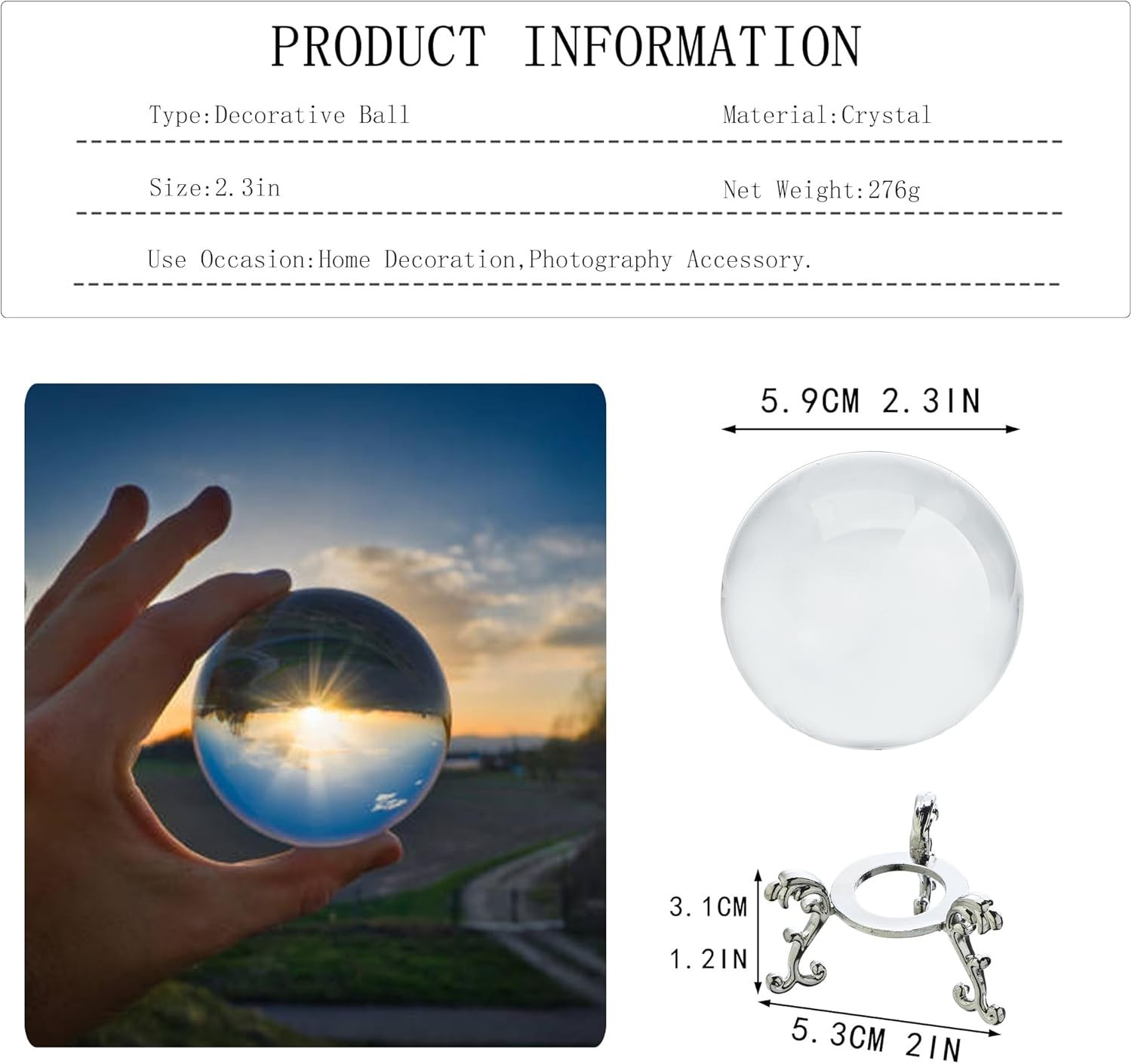 2.3in Sparkling Clear Crystal Ball with Stand 60mm Handcrafted Photography Pr…
