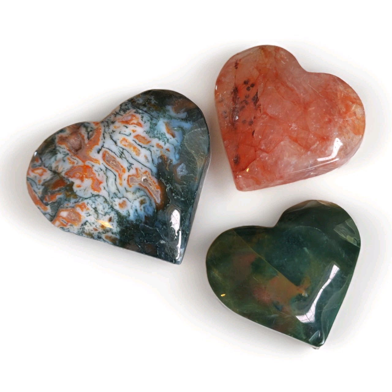 Lot Of 3 Polished Red Moss Agate, Ocean Jasper & Red Fire Quartz Hearts – USA