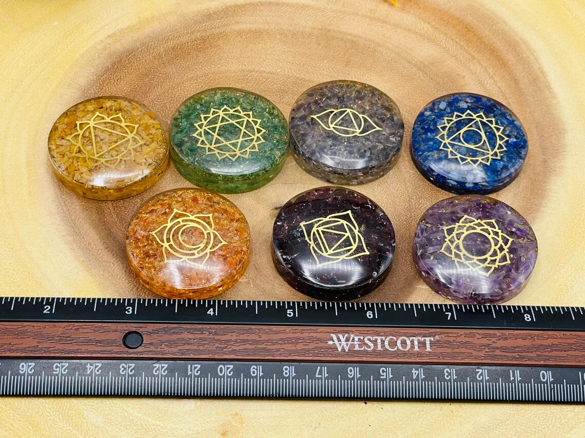 7 Chakra Round Orgone Smooth Stone Set With Engraved Chakra Symbols, 1.5 Inch