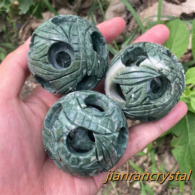 2″ Natural green jade Exquisite sphere Carved Quartz Crystal ball healing 1pc