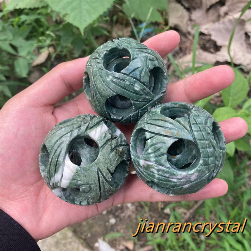 2″ Natural green jade Exquisite sphere Carved Quartz Crystal ball healing 1pc