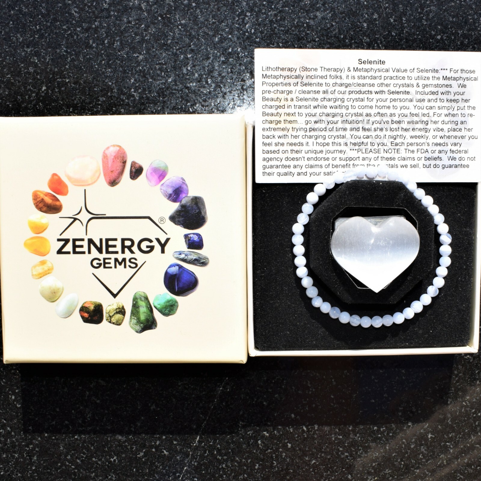 CHARGED Natural Blue Lace Agate Crystal 4mm Bracelet + Selenite Heart Charger