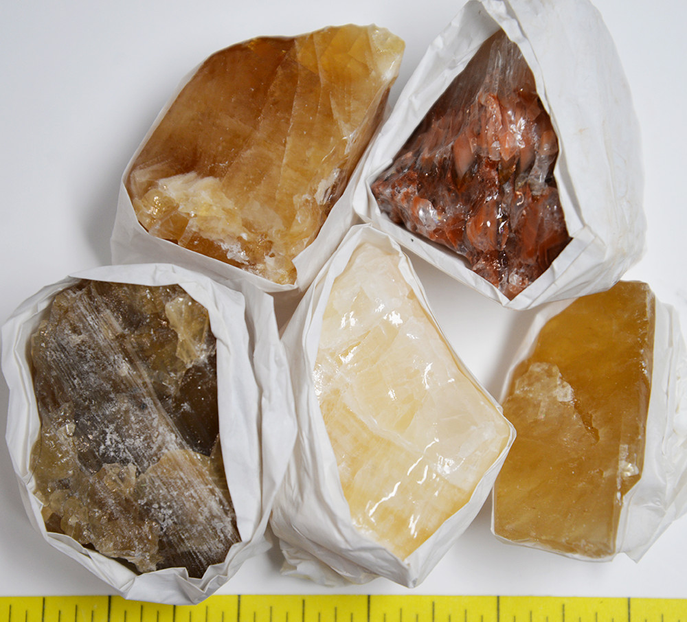 CALCITE Specimens, various colors, 5 rough stones, 1-lb. LOT #224