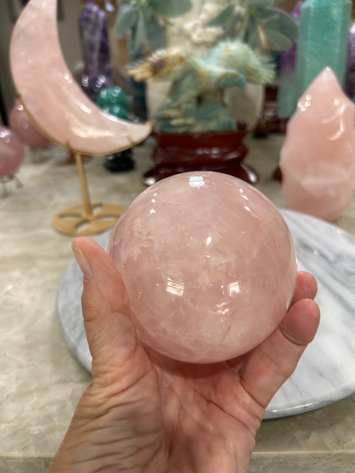 Rose Quartz sphere with resin stand 3.60”