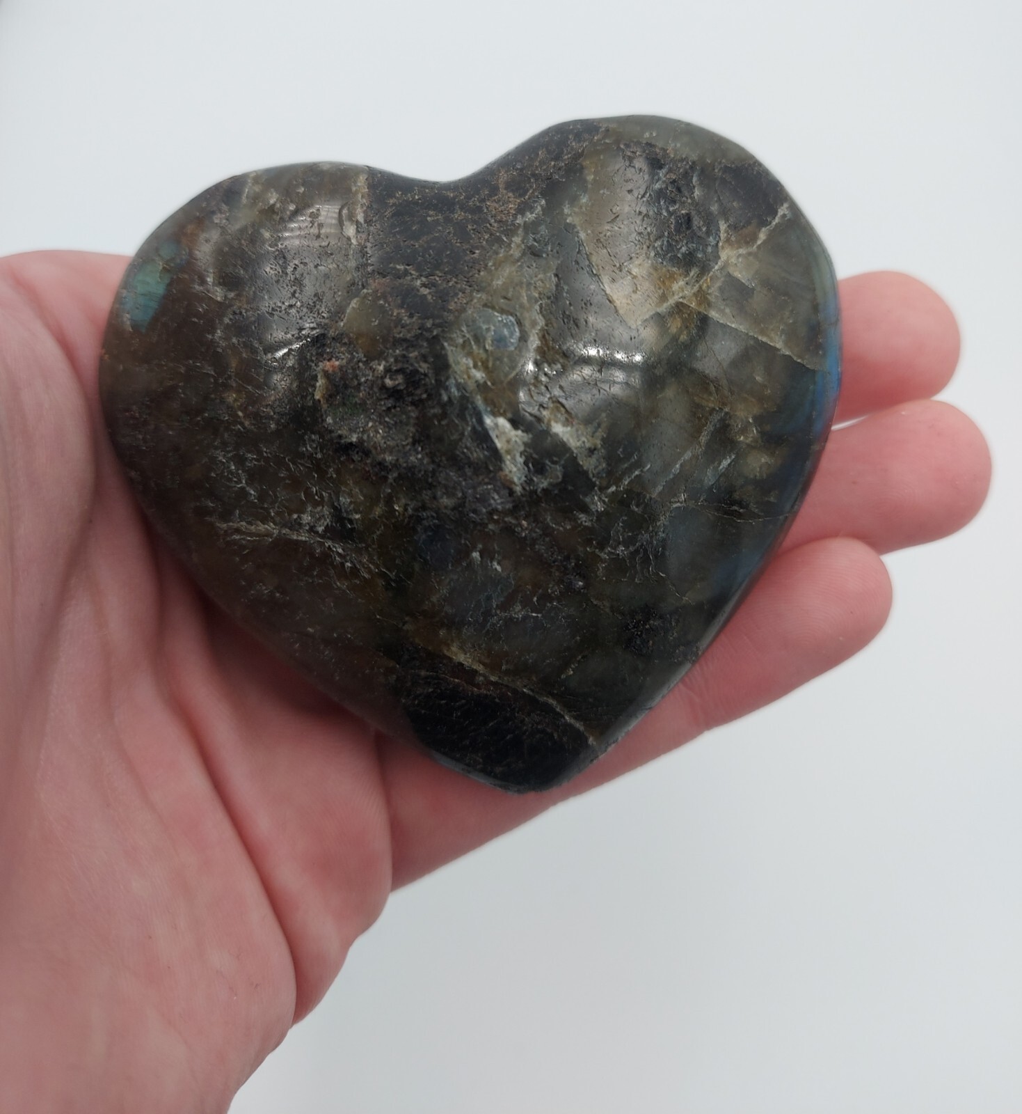 Labradorite Heart hand-carved Quartz Healing Crystal. 260 Grams. 7cm by 8cm.
