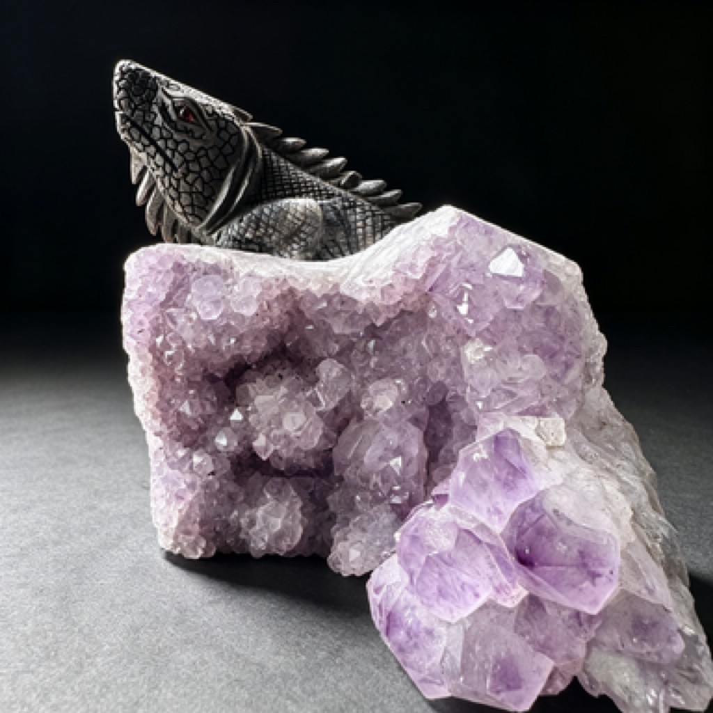 Natural Amethyst Cluster Lizard Sculpture Hand Carved Crystal Collectible Art