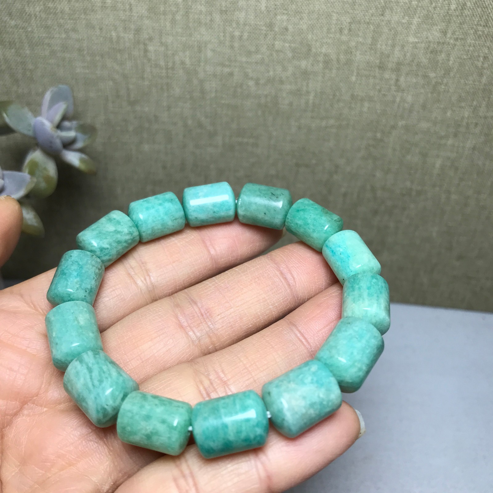 Rare Natural amazonite gemstone Crystal chain barrel beads bracelet 37g A3011