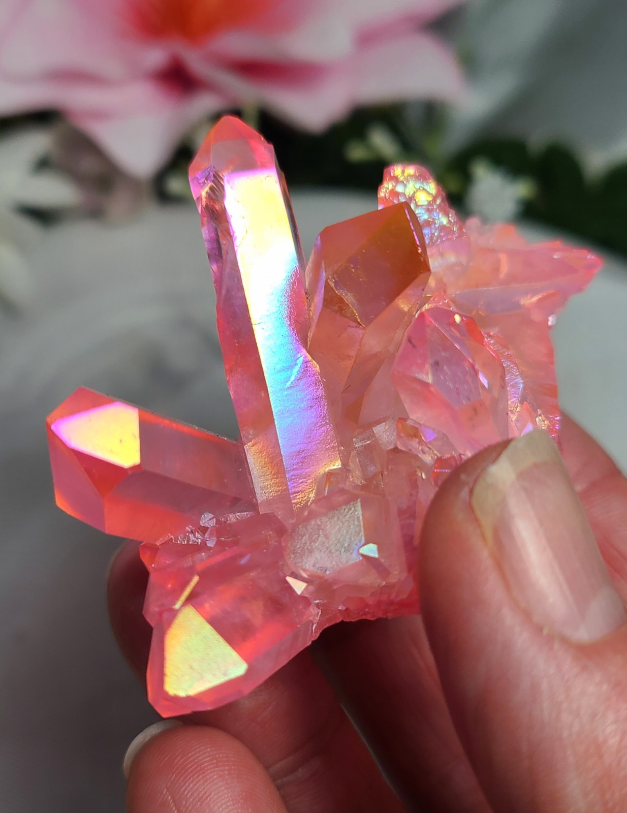 2.6″ 65g Beautiful Brazilian Pink Rainbow Aura Quartz Crystal Cluster Point