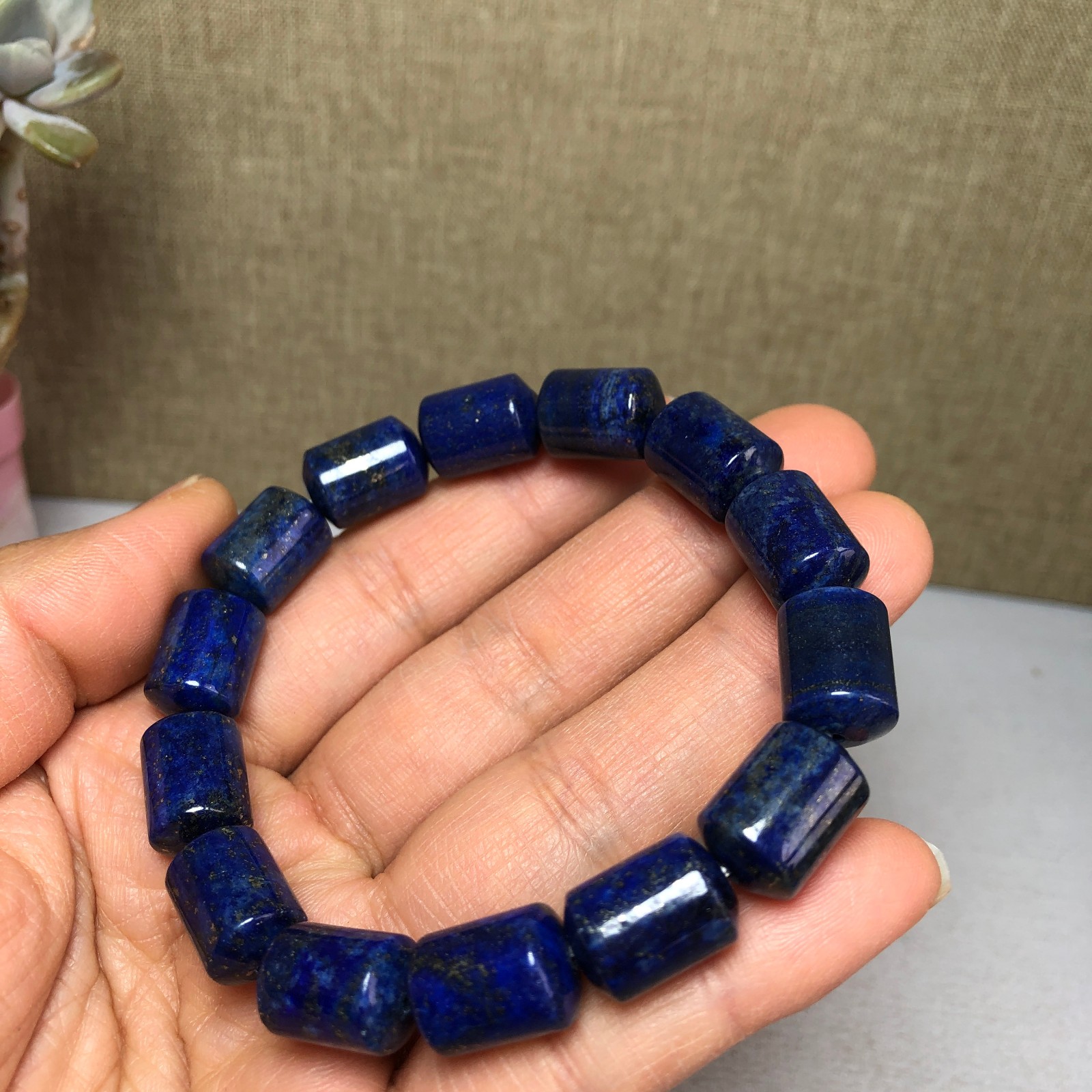 Natural lapis lazuli Bracelet Brown Gemstone Stretch Bucket bead Handmade A3703