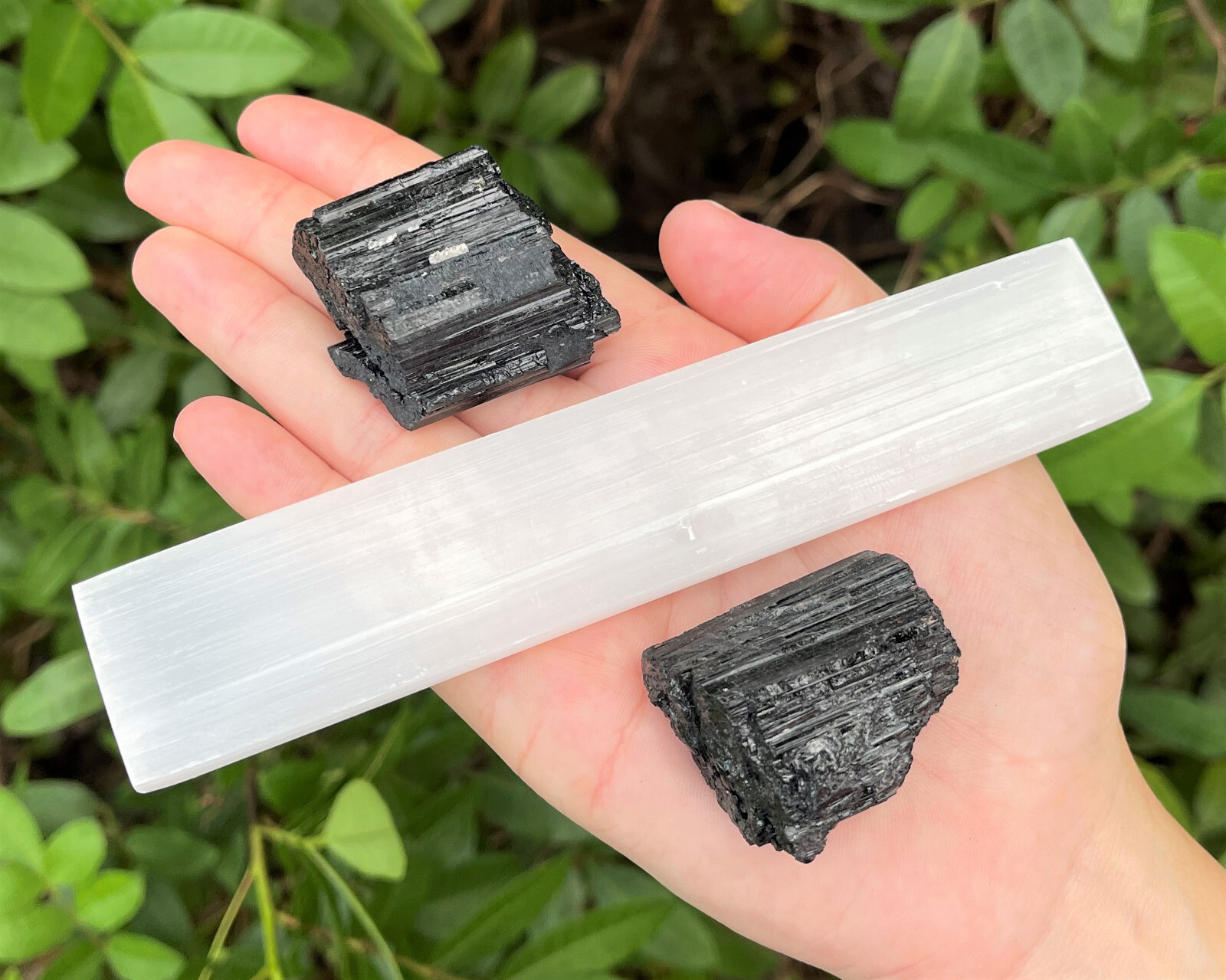 6″ Selenite Charging Plate & 2 Extra Grade Black Tourmaline Logs Home Protection