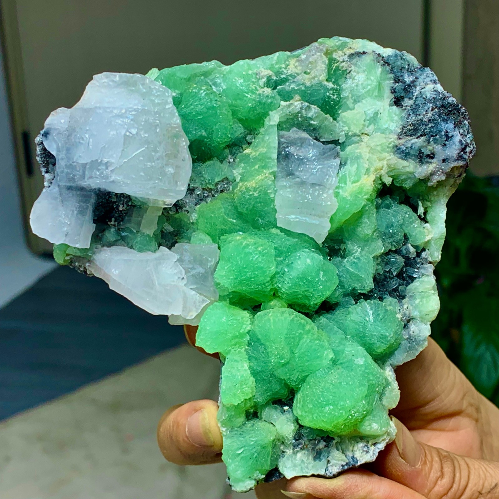 462G Natural beautiful spherical prehnite with calcite quartz crystal mineral