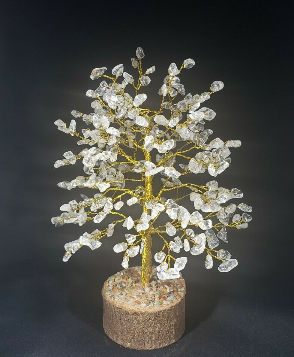 GOLD WIRE CLEAR QUARTZ STEP STYLE GEMSTONE CHIP TREE WITH 300 STONES