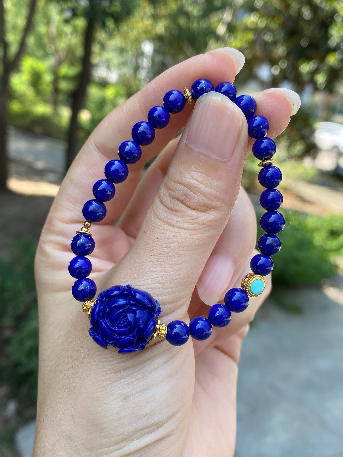 Natural Lapis Single Bracelet Hand Carved Peony Gem Ethnic Layering Wrist Decor