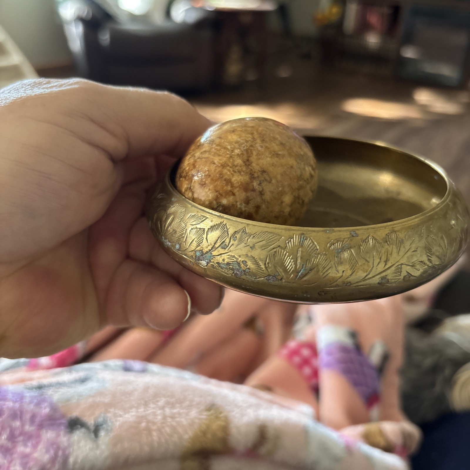 VINTAGE Brass Bowl From India W/stone Egg SEE PHOTOS
