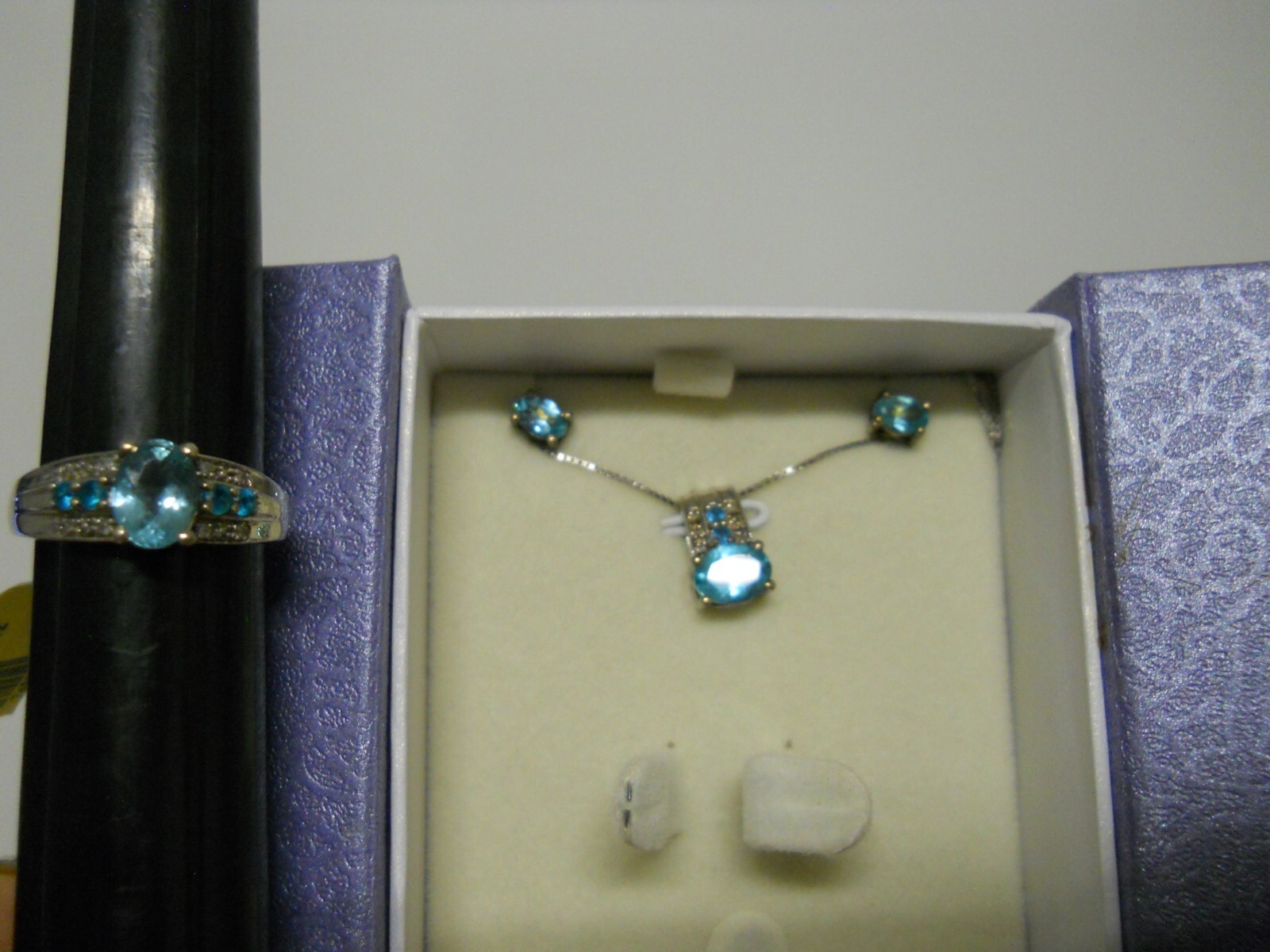 Sterling Silver Blue & Aqua Apatite Jewelry Set Necklace & Ring Size 7.5 #853