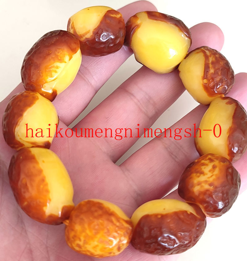 26mm Natural Mexico Yellow Amber Beeswax Rough Stone Beads Bracelet 8″