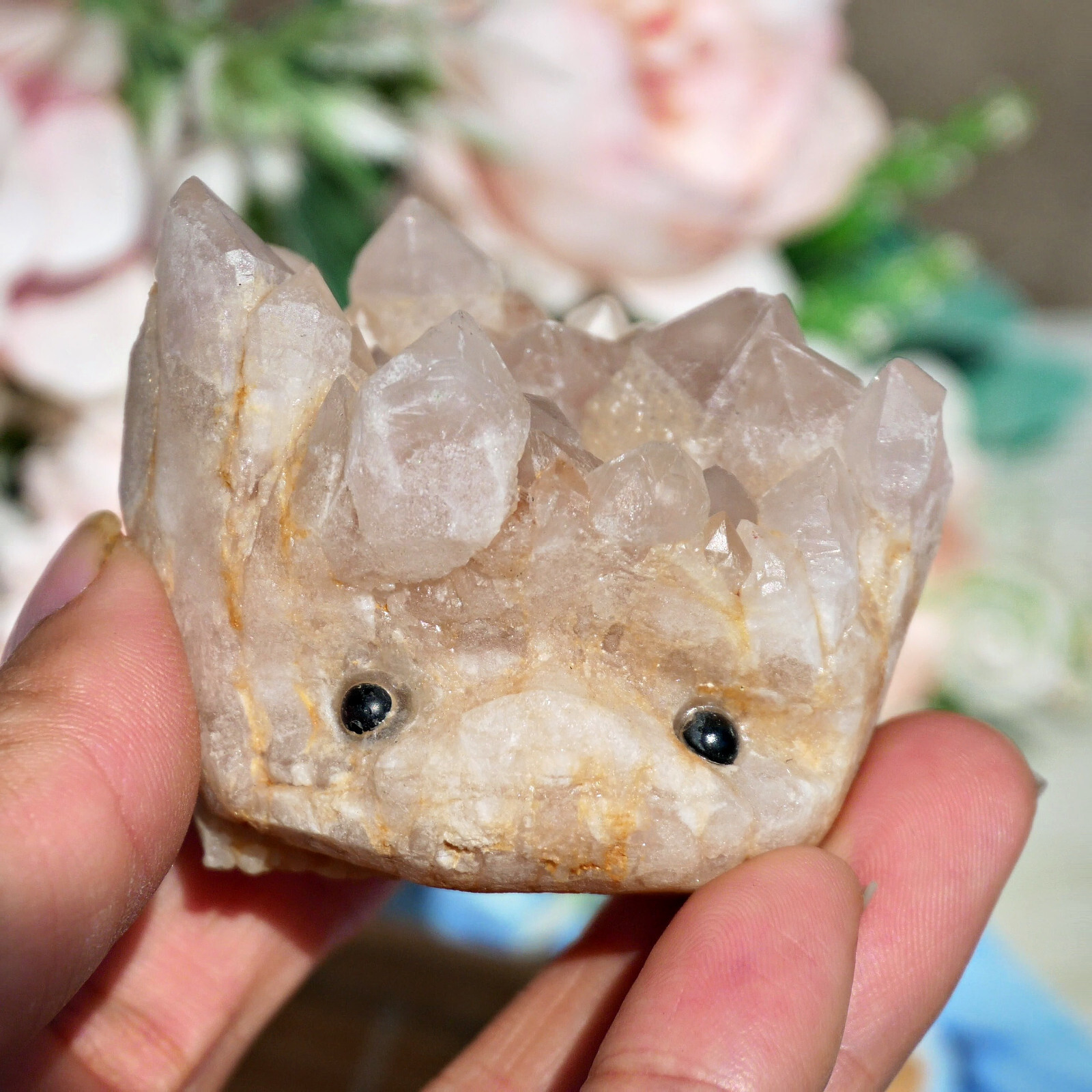 Clear Quartz Crystal Cluster 2.3″ Carved Animal Smiley Face Raw Base Desk Decor