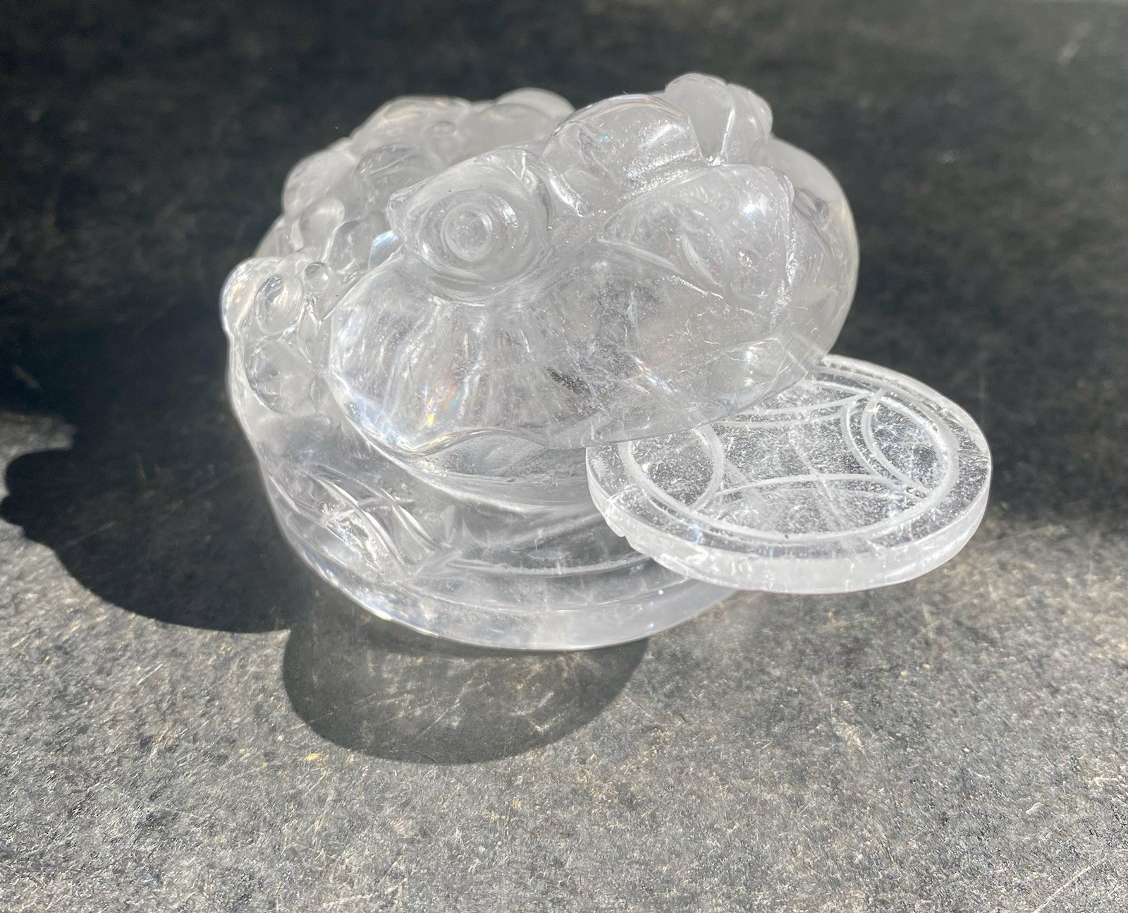 Crystal Clear Quartz 3 Leg Money Toad Frog Coin Feng Shui Prosper 274g