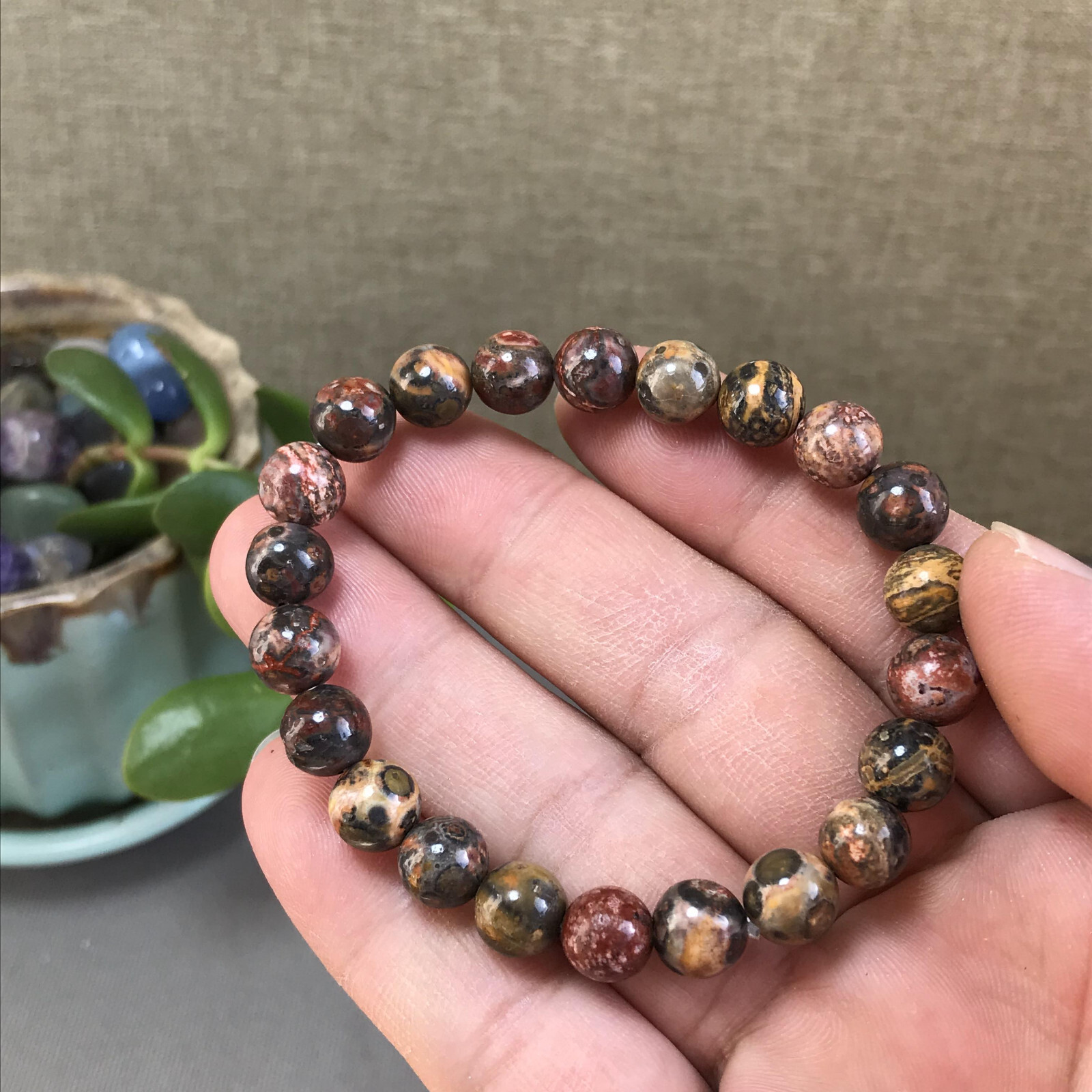 5Pcs Wholesal Natural Polish Leopard stone bracelets Crystal ball sphere 8mm