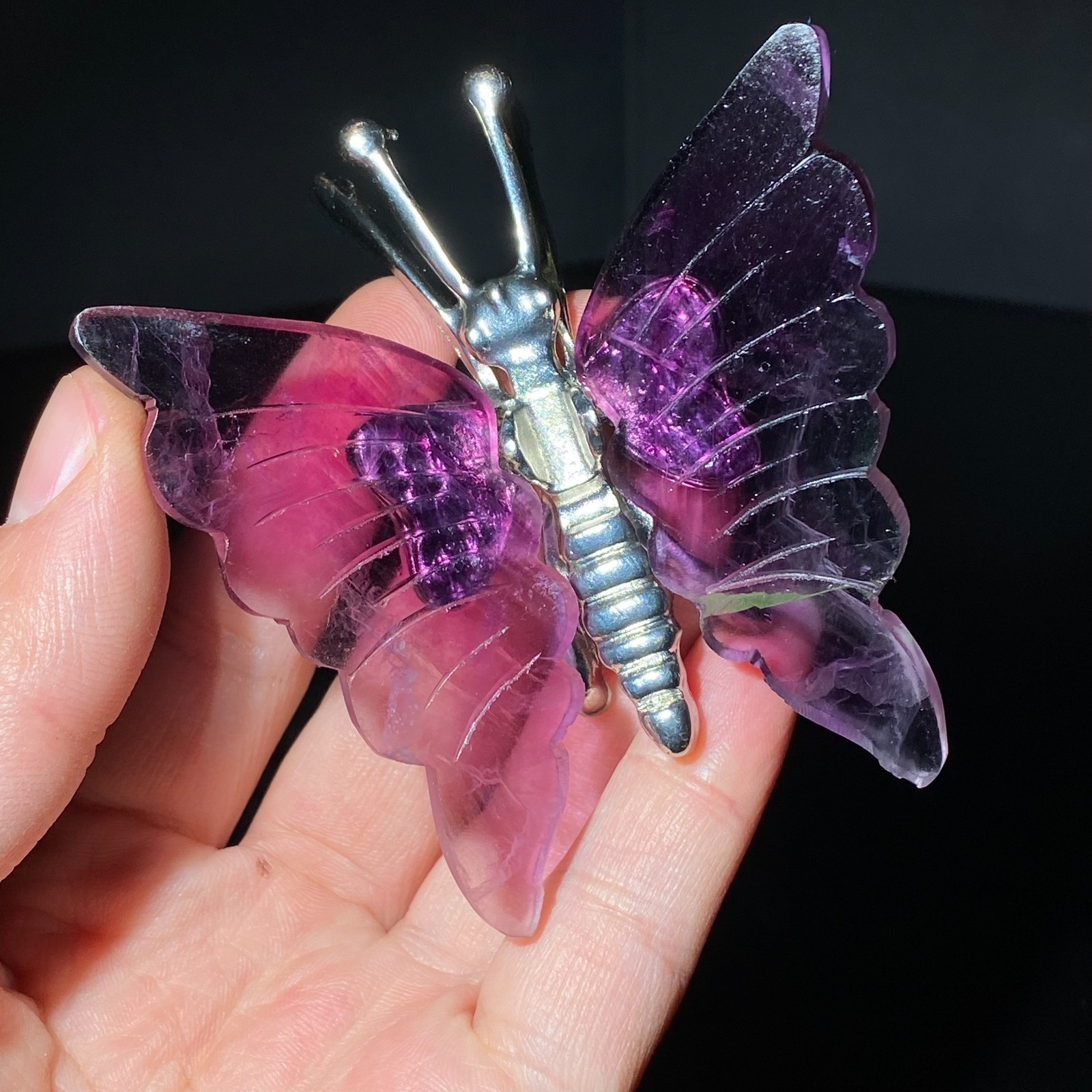 Natural Crystal Fluorite Butterfly Wings Healing Statue Decor + Stand