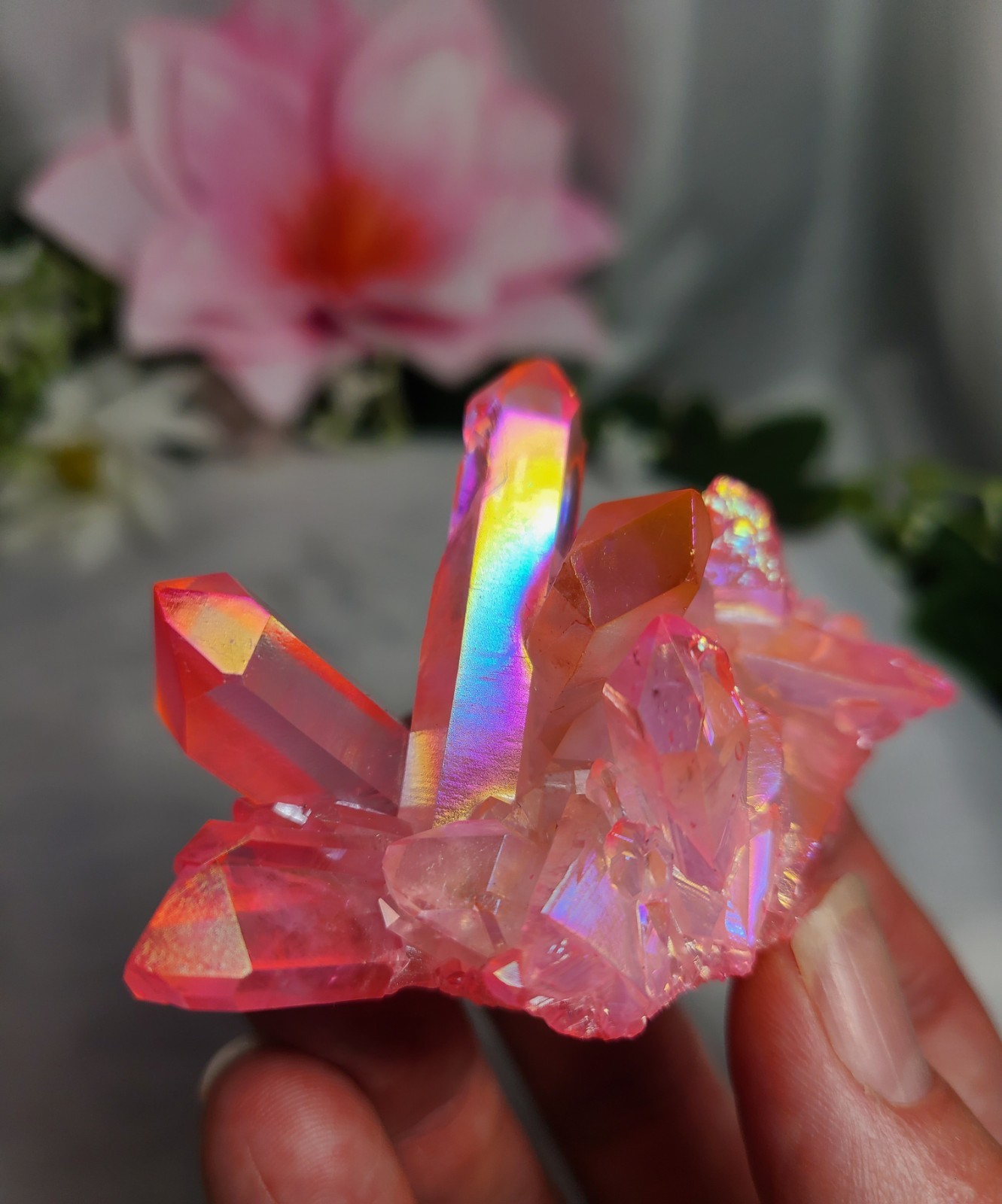 2.6″ 65g Beautiful Brazilian Pink Rainbow Aura Quartz Crystal Cluster Point