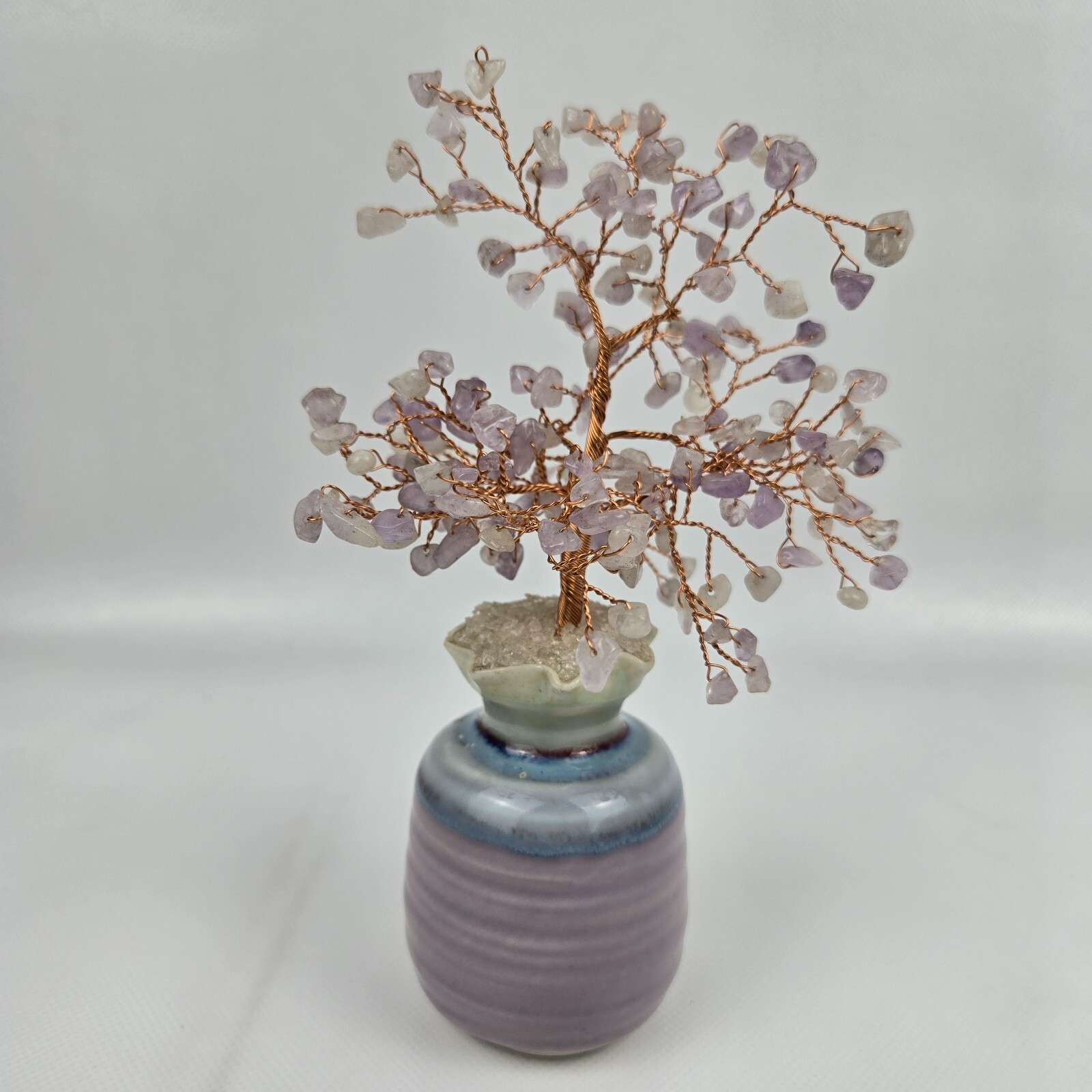 Rose Lavender Quartz Crystal Stone Tree Wire Branches Ceramic Pot Bottom 6.5”