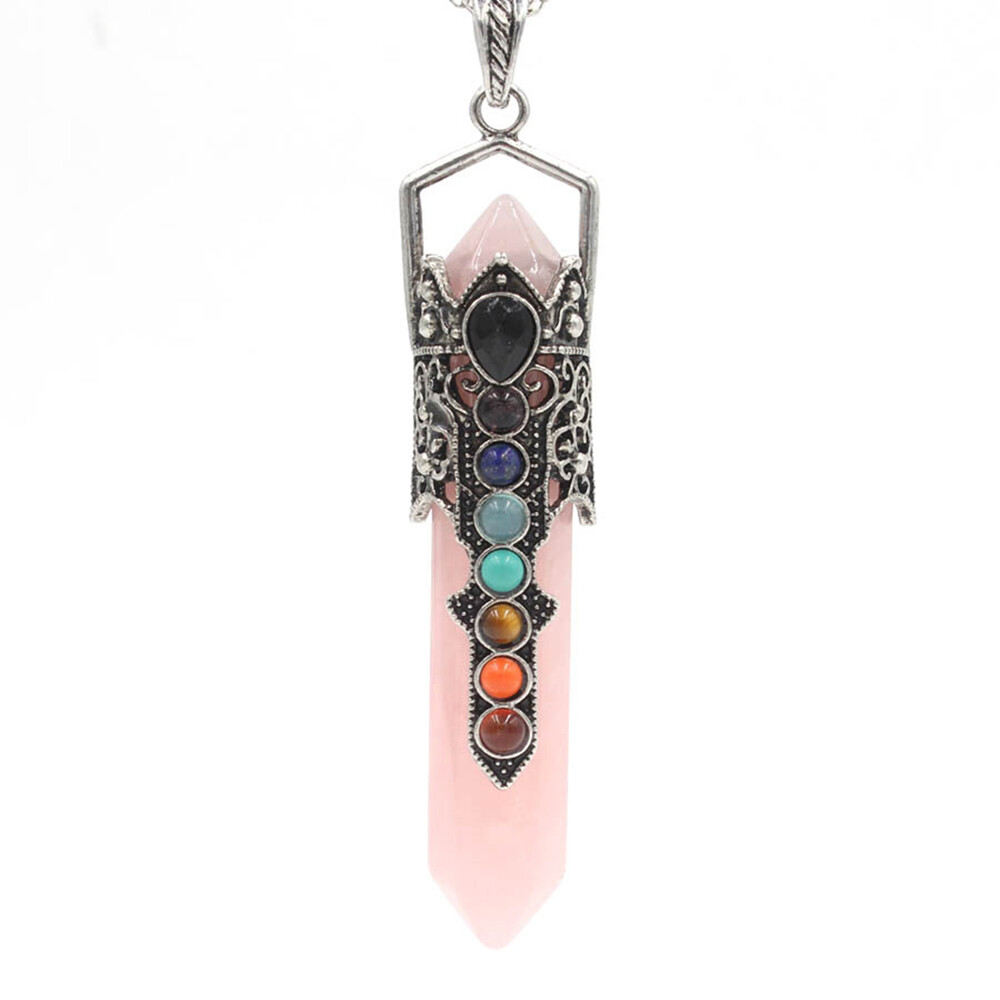 7 Chakra Beads Crystal Double Point Stone Quartz Pendant Necklace Reiki Healing