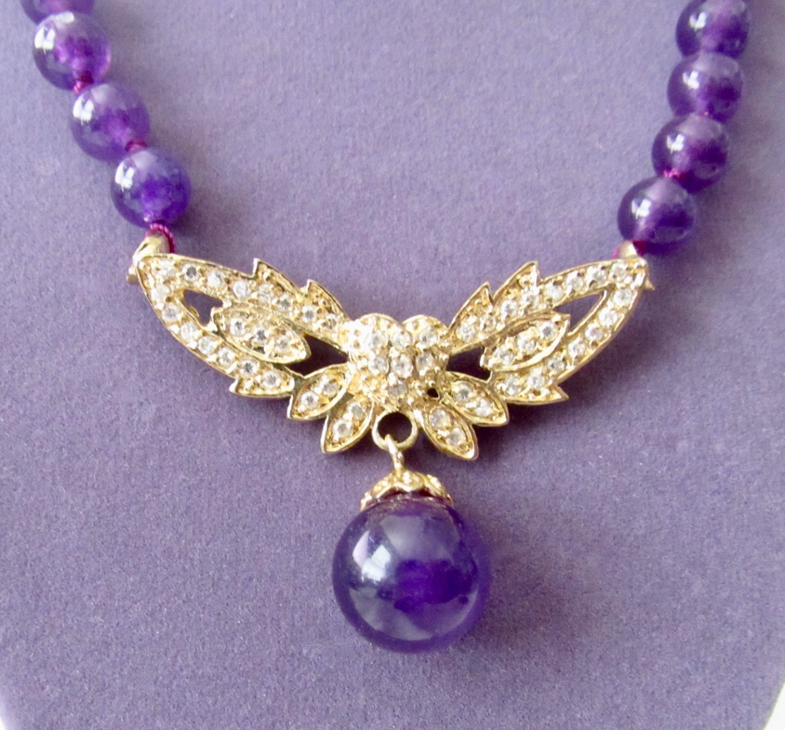 VTG Hand Knotted Purple Gemstone Necklace Likely Amethyst 18″ Rhinestone 43.6g