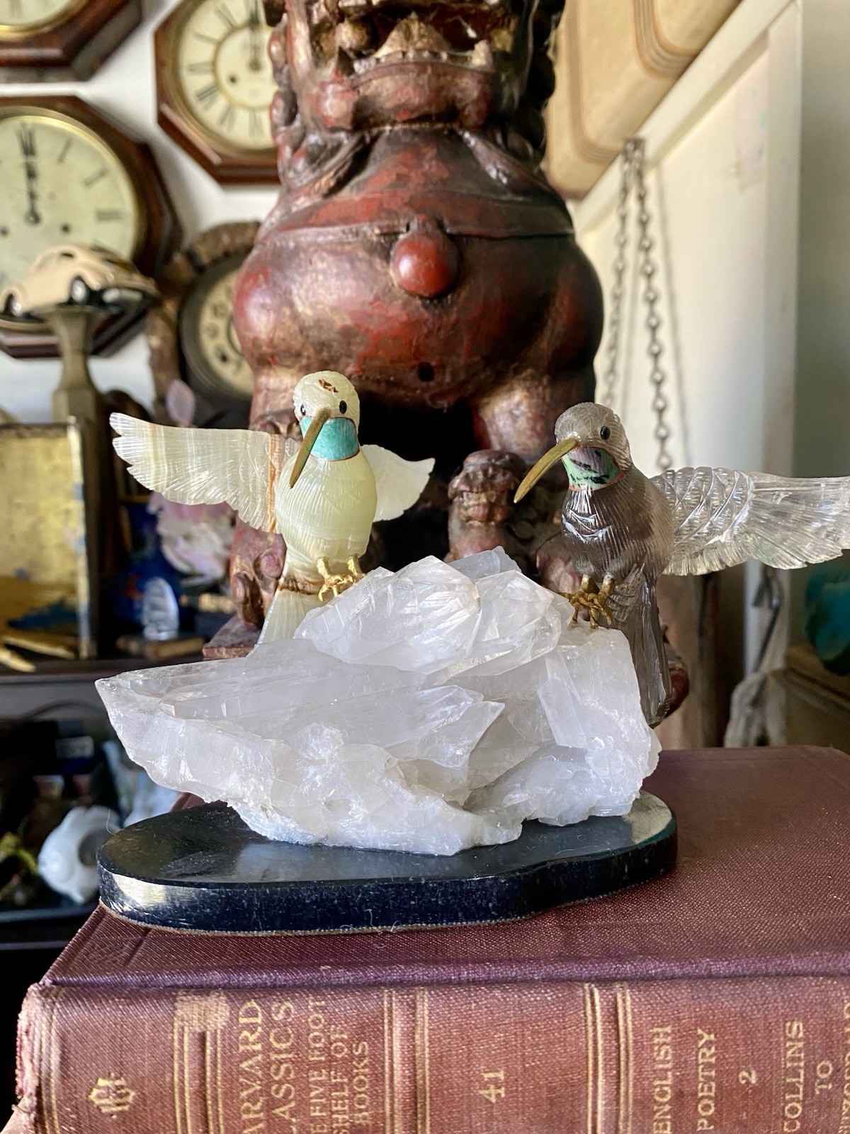 Peter Muller Hand Carved Smokey Quartz, Marble, Quartz Hummingbirds On Quartz