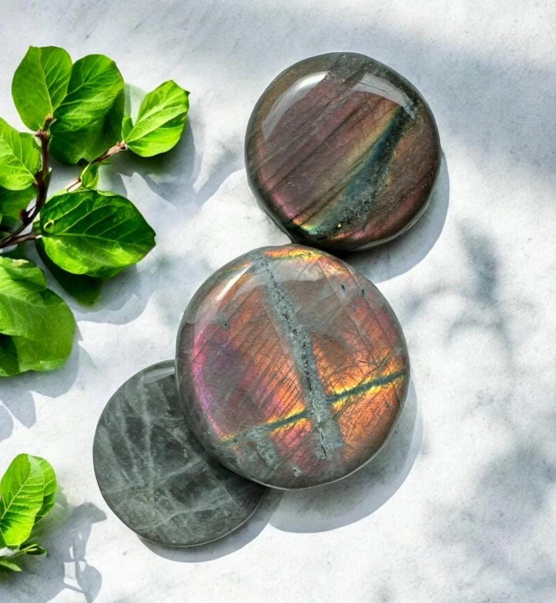 Sunset Flash Labradorite Flat Worry/Palm Stone: Vivid Pink, Purple & Orange