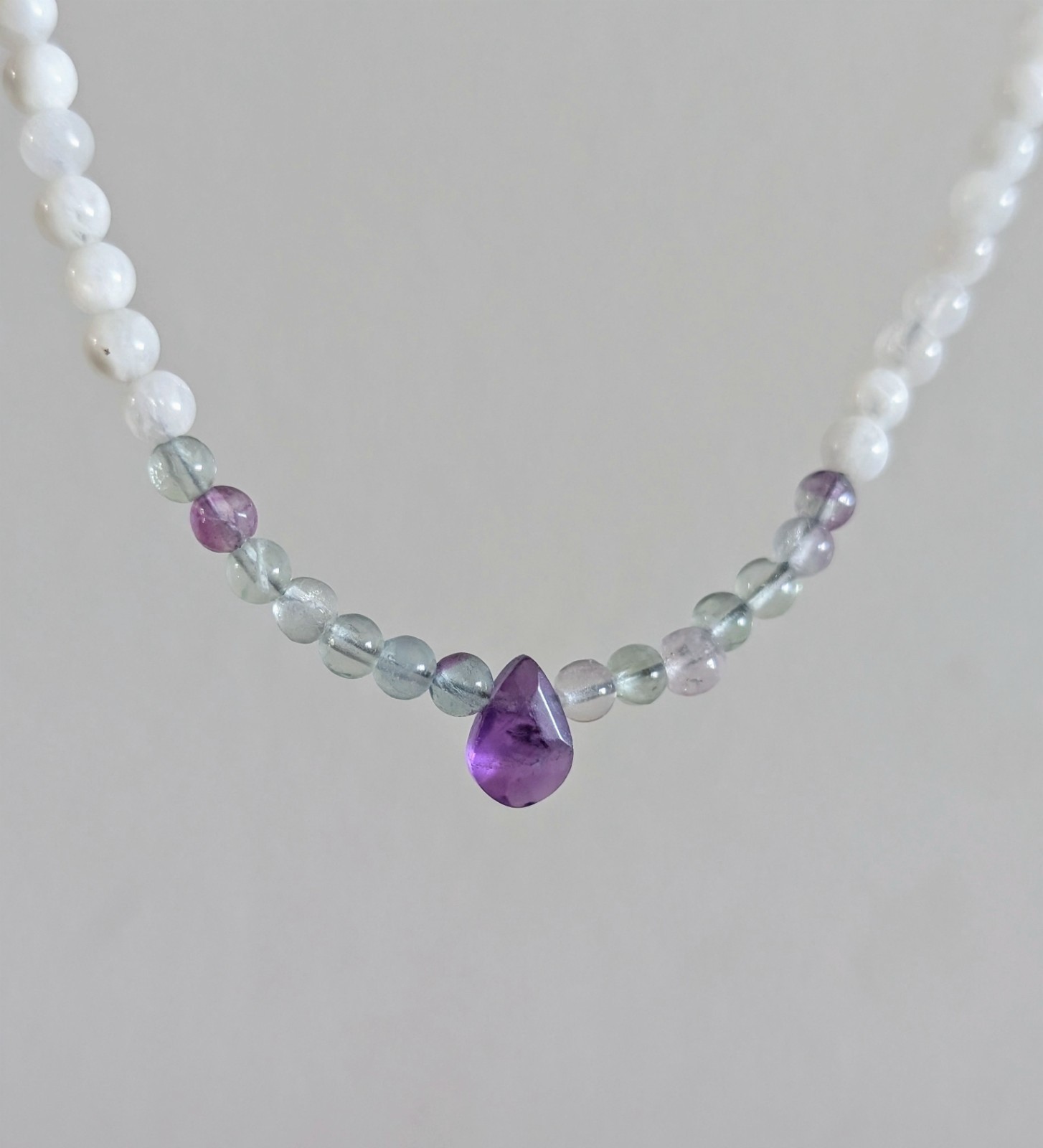 Amethyst Necklace 22″ Teardrop Pendant with White Moonstone Fluorite Beads