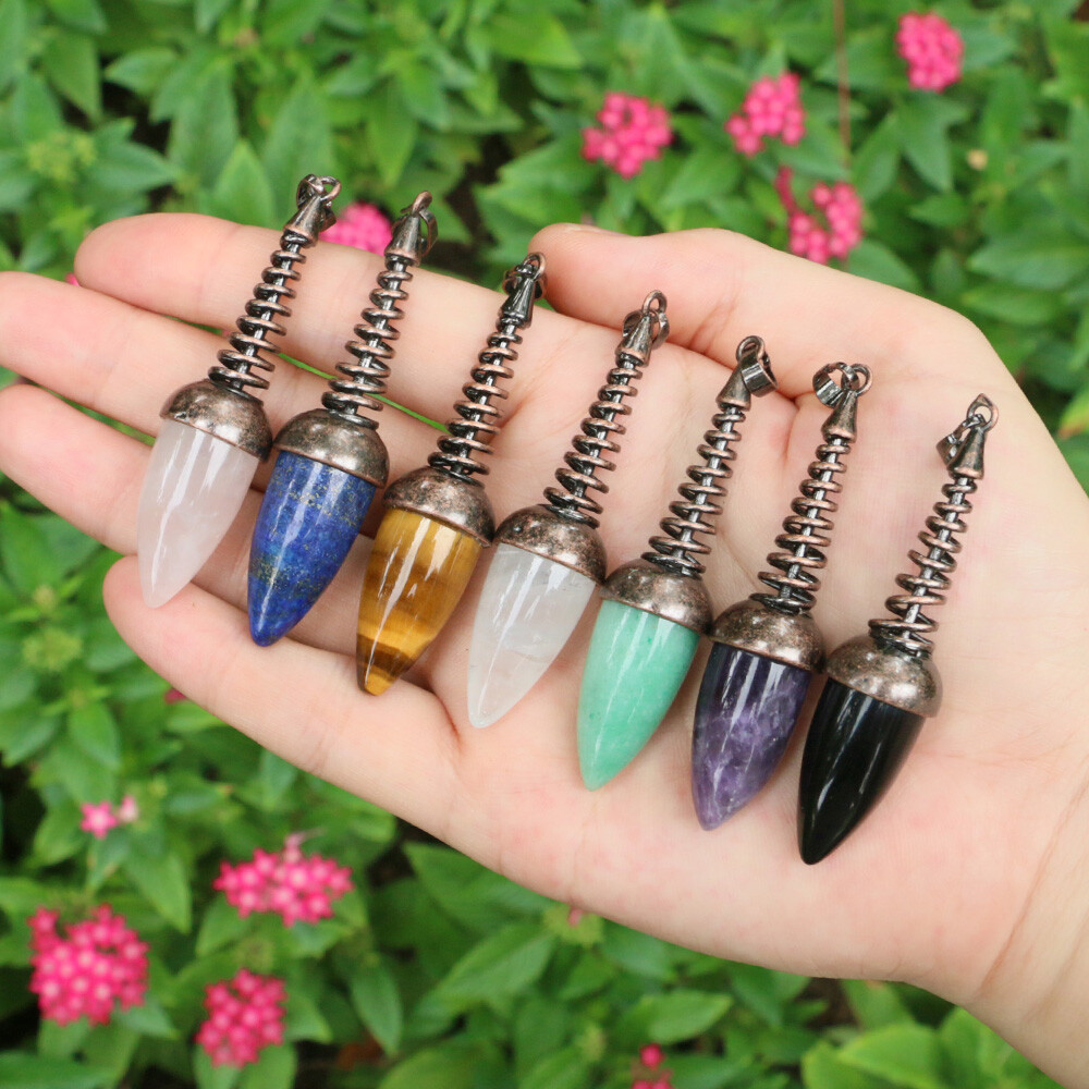 1pc Crystal Chakra Bullet Cone Pendants Quartz Gems Stone Metal Pendulum Dowsing