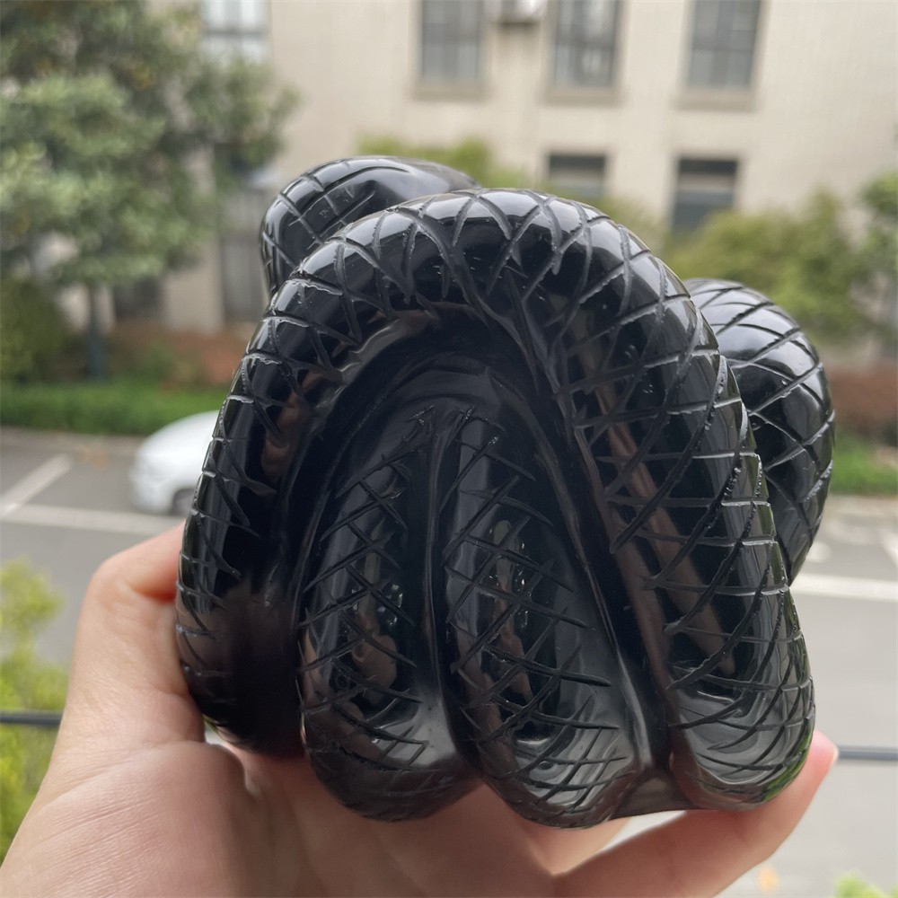 2.2LB 3.6″Natural Black Obsidian Snake Statue Crystal Reiki Heal Carving Decor