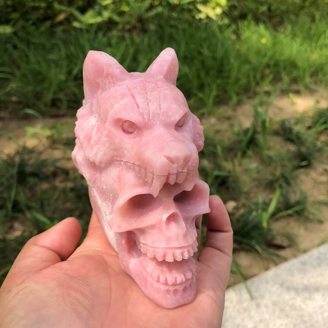 4″ AAA Natural Pink opal Quartz crystal Carved Wolf Skull Reiki Healing Gift 1pc