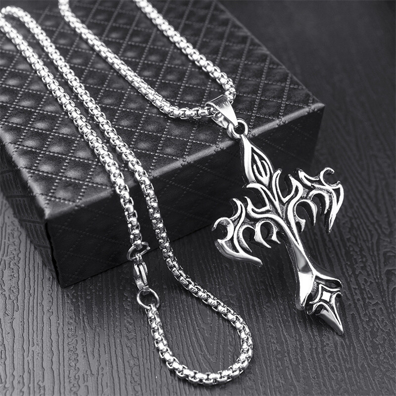 Fashion Jewelry Silver Retro Column flame Cross Pendant Necklace Gift 1PC