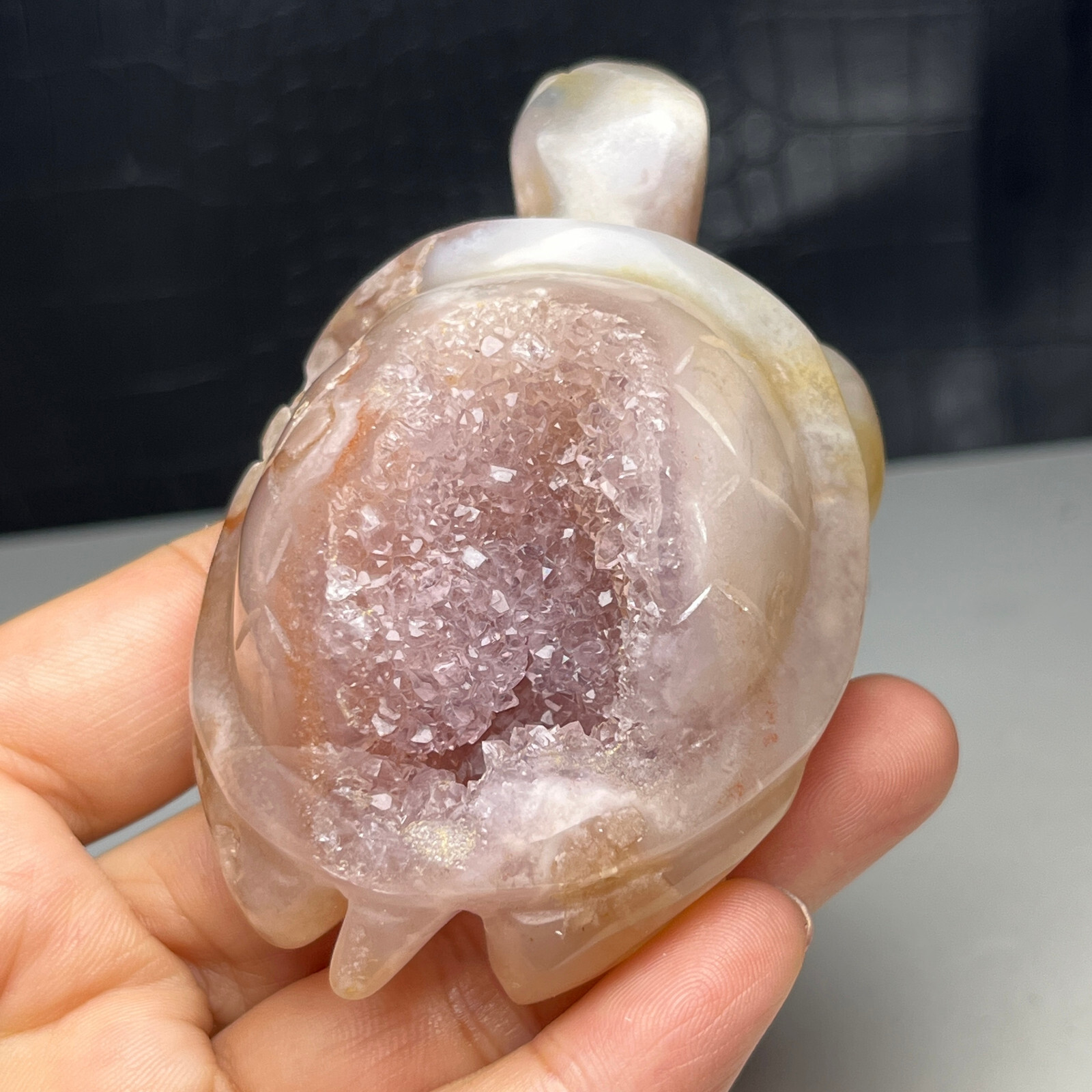 199g Natural Crystal Mineral Specimen. Geode Agate. Hand-carved Tortoise.Gift.KC