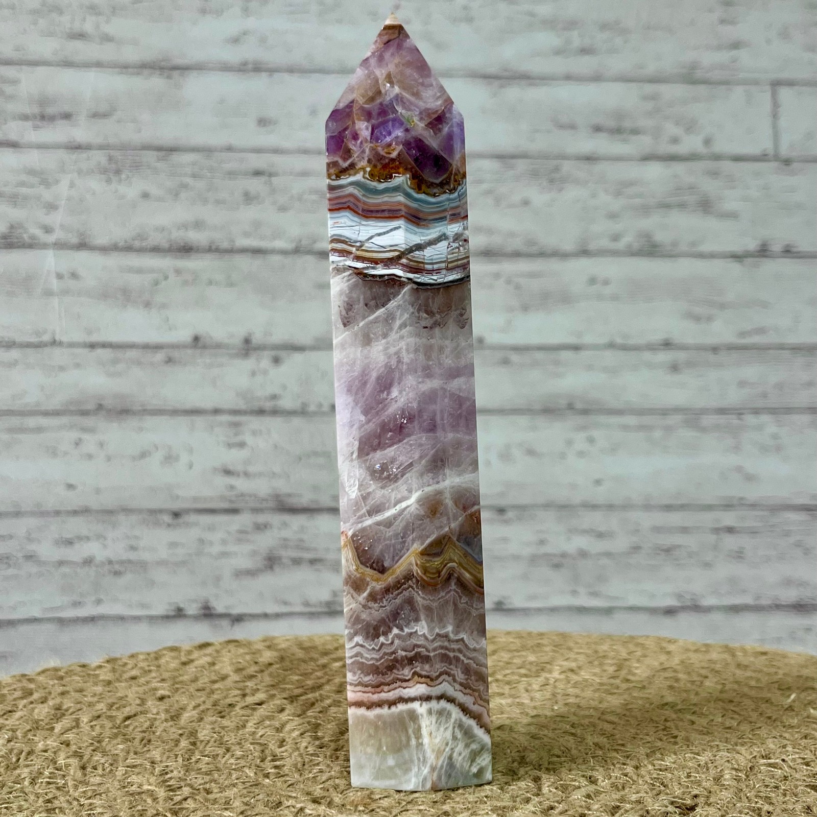 381 g Natural Amethyst Agate Tower Striped Pattern Crystal Obelisk