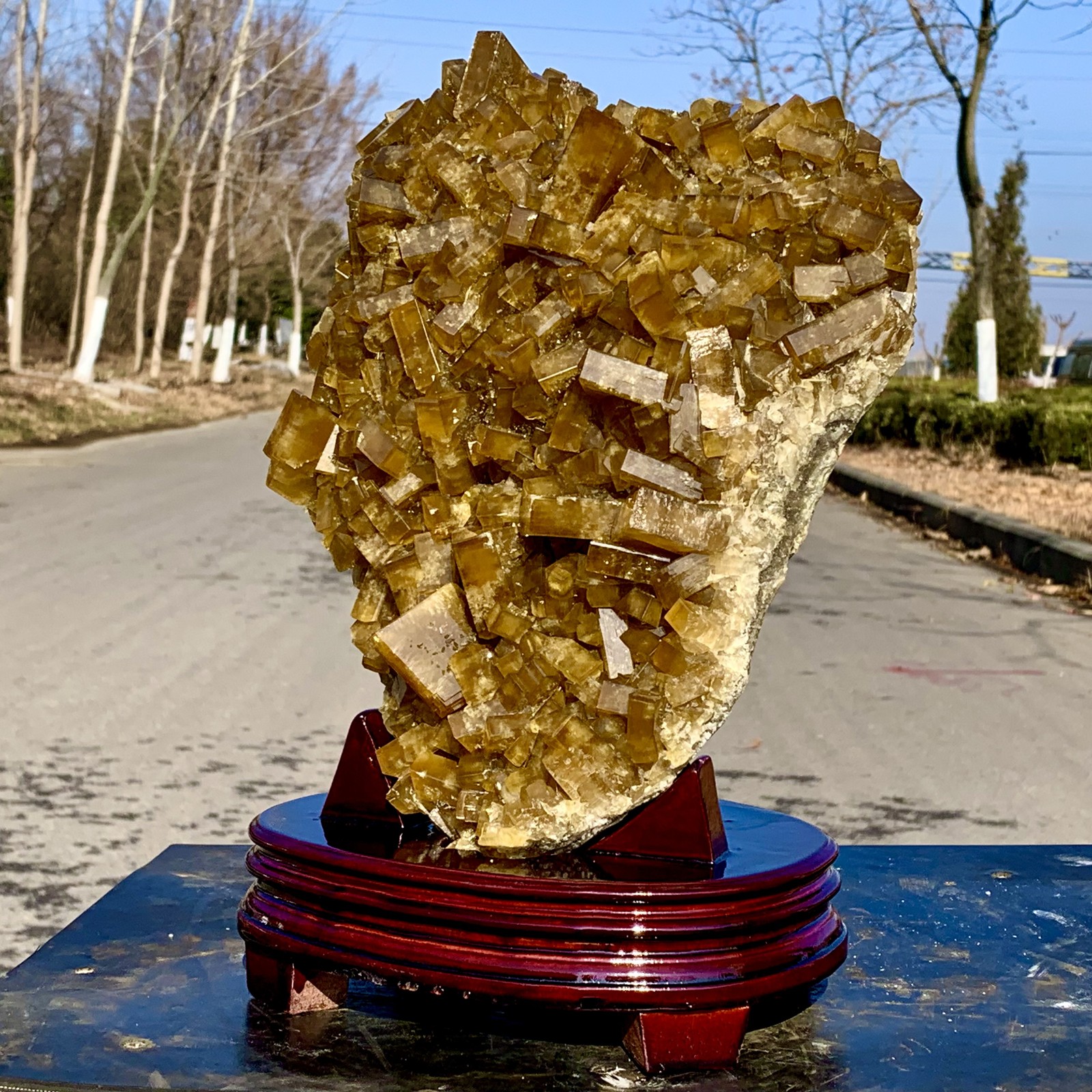 16.14LBShiny Golden Cuboid Barite Crystal Based on the Purple Spherical Fluorite