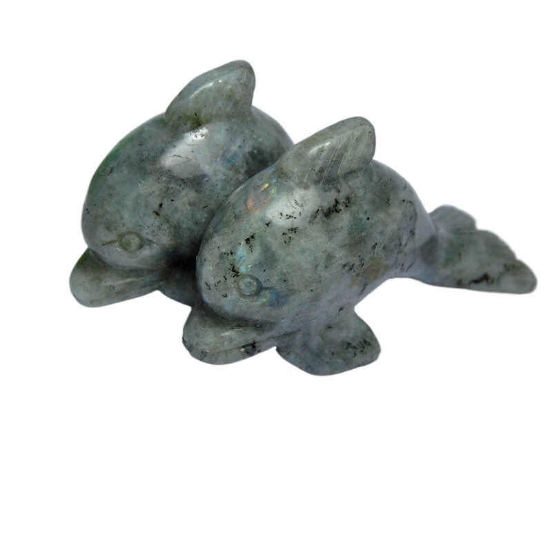 Natural Labradorite Quartz Crystal Dolphin Gemstone Statue Mini Energy Amulet