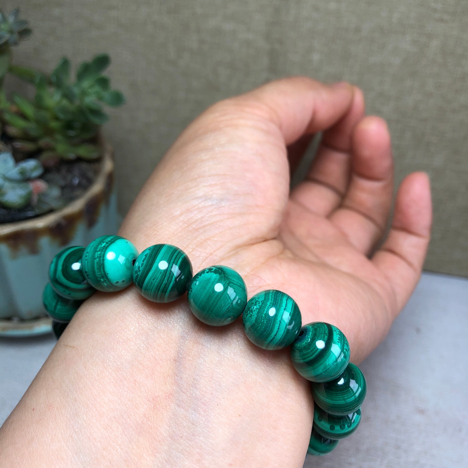 12mm Natural malachite gemstone Crystal chain beads bracelet 67g A4759