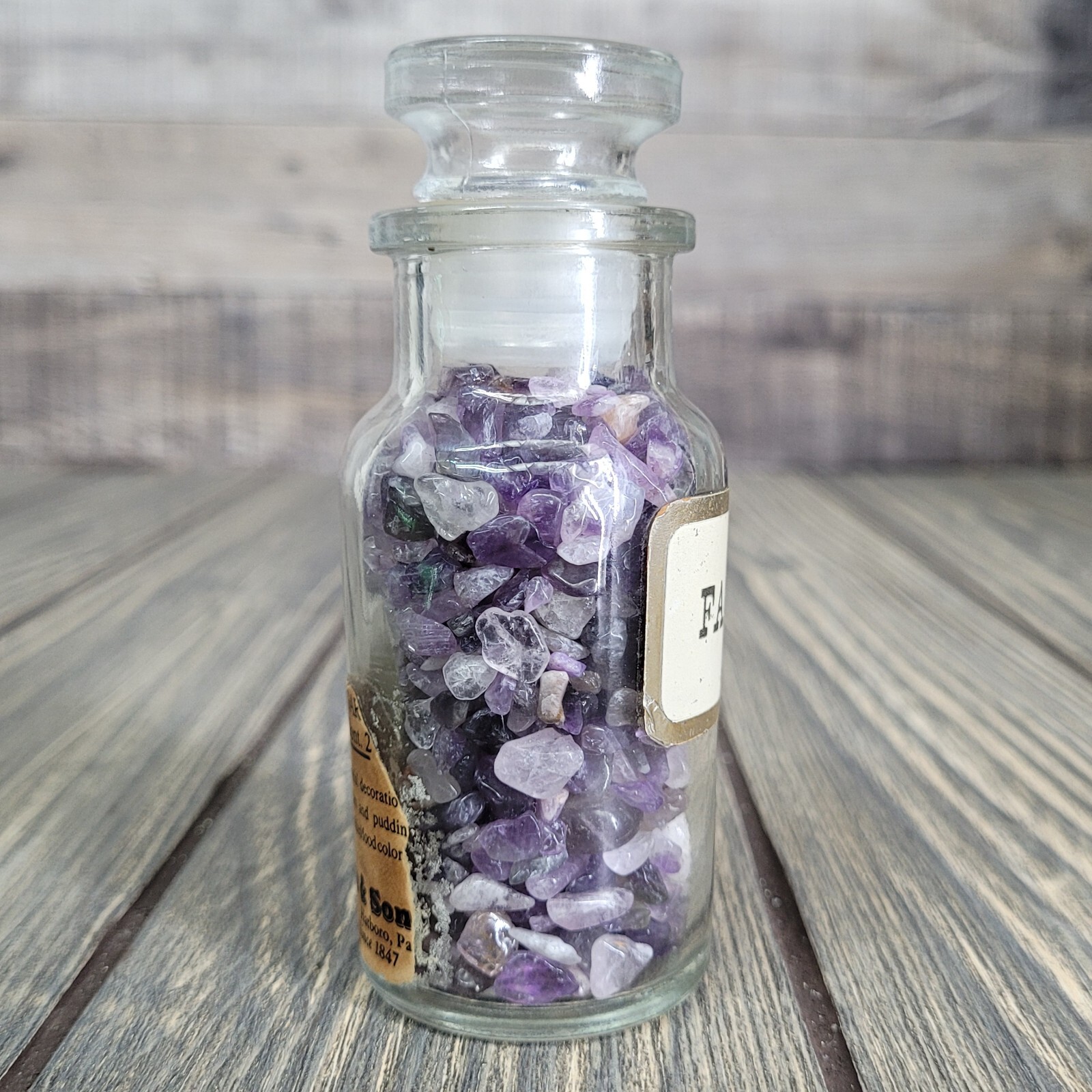 4oz Amethyst Crystal Chips in Apothecary Vintage Glass Jar “Fancies” Wagner