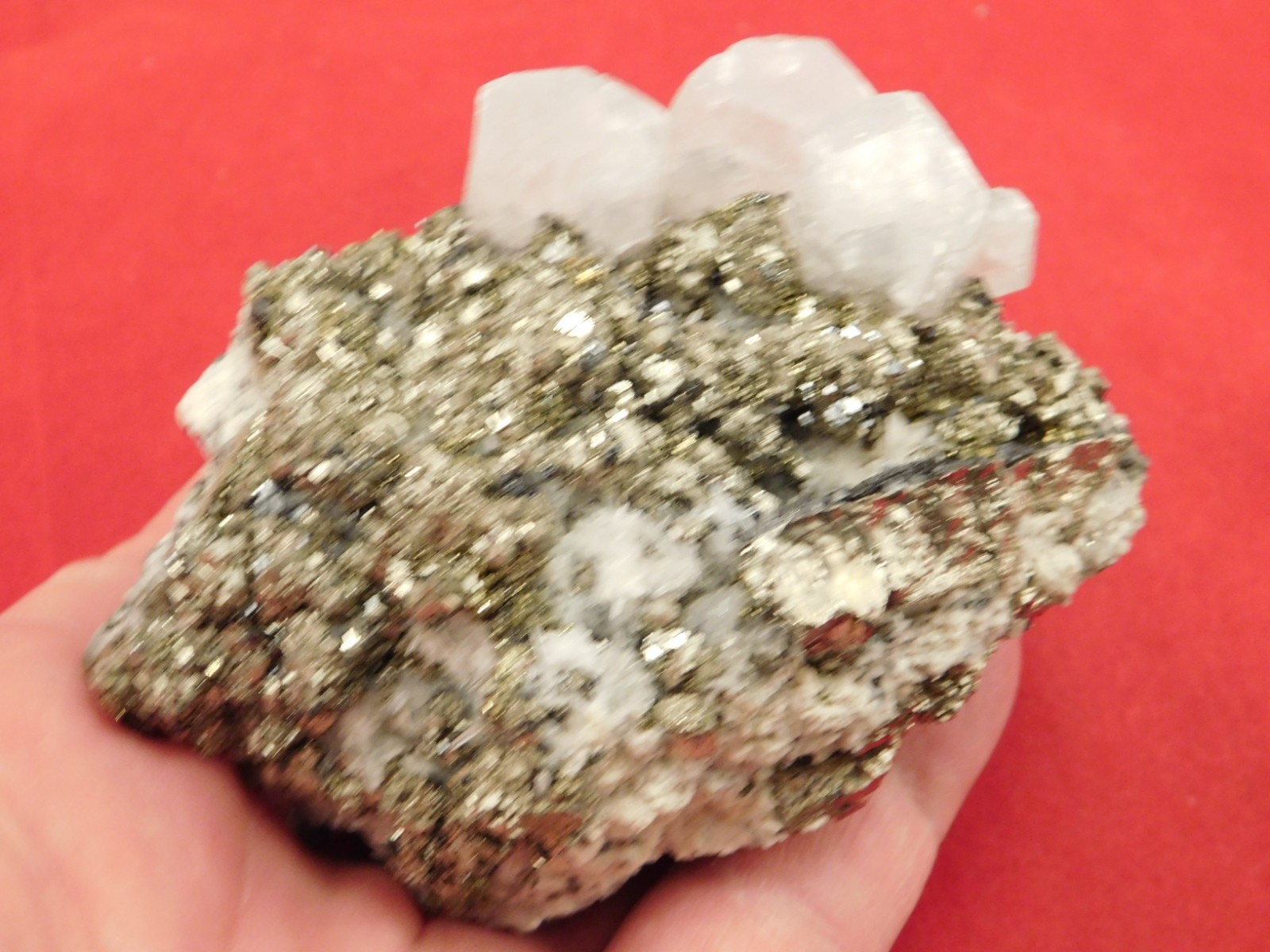 Larger! FLUORESCENT Calcite CRYSTAL Cluster on PYRITE Peru 261gr