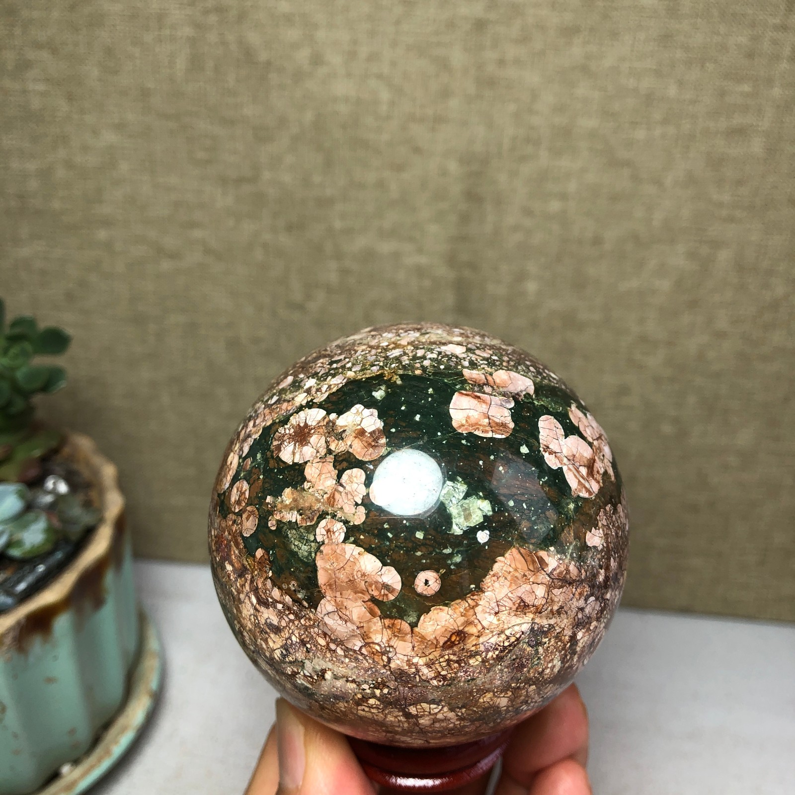 61mm Natural Green Plum Blossom Jade sphere ball Crystal specimens 305g A4907
