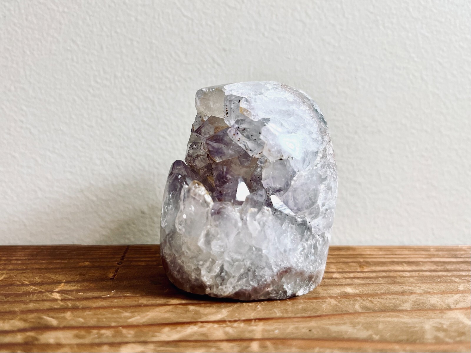 Natural cute light purple amethyst geode crystal, hematite inclusion & rainbows