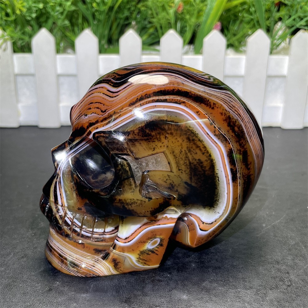 1.7LB 3.7″ A++Flower Sardonyx Agate Skull Crystal Quartz Mineral Decor Carved