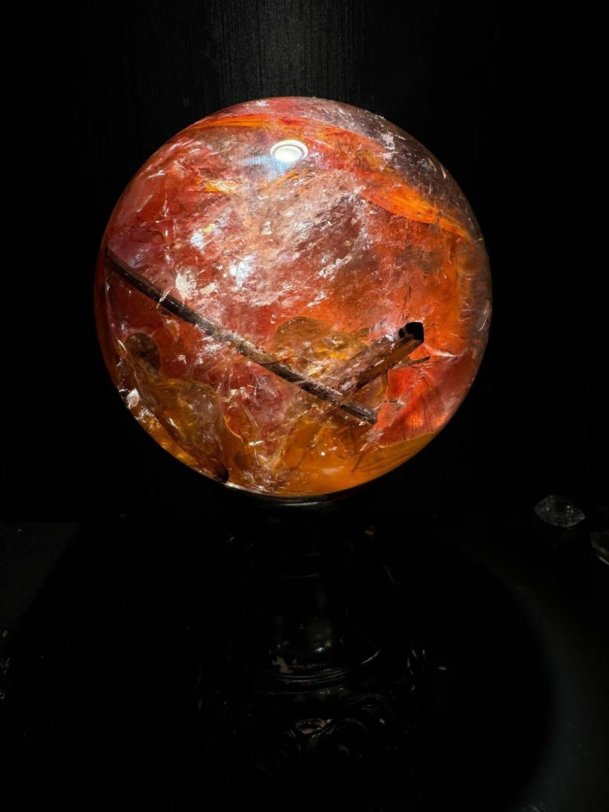 110mm A++ Natural Rare！Black tourmaline with red gum flowerquartz ball crystal