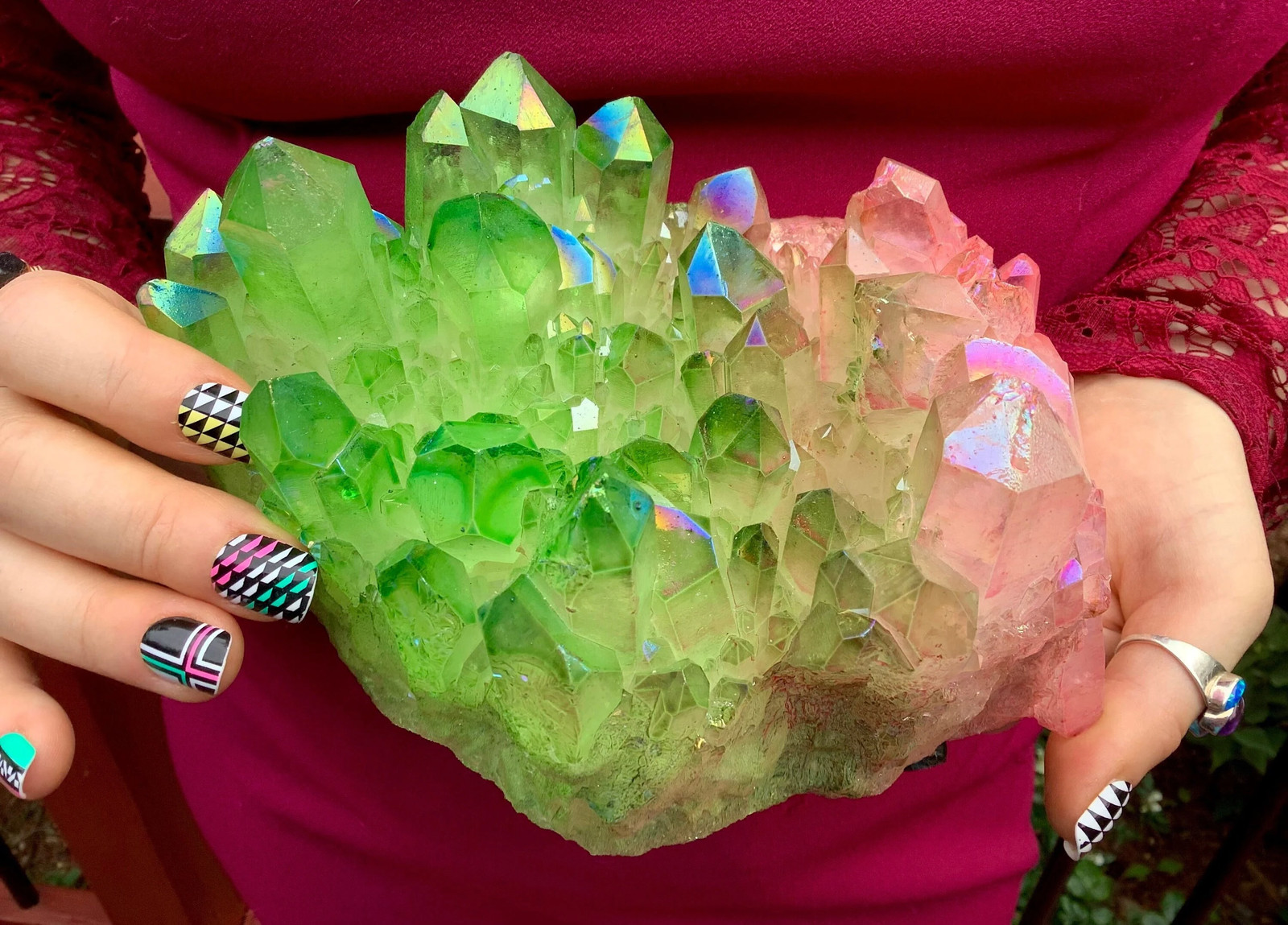 Electric Pink & Green Aura Quartz Crystal Cluster ~ Large 3 Lb. 15 oz. ~ 7″ Lon