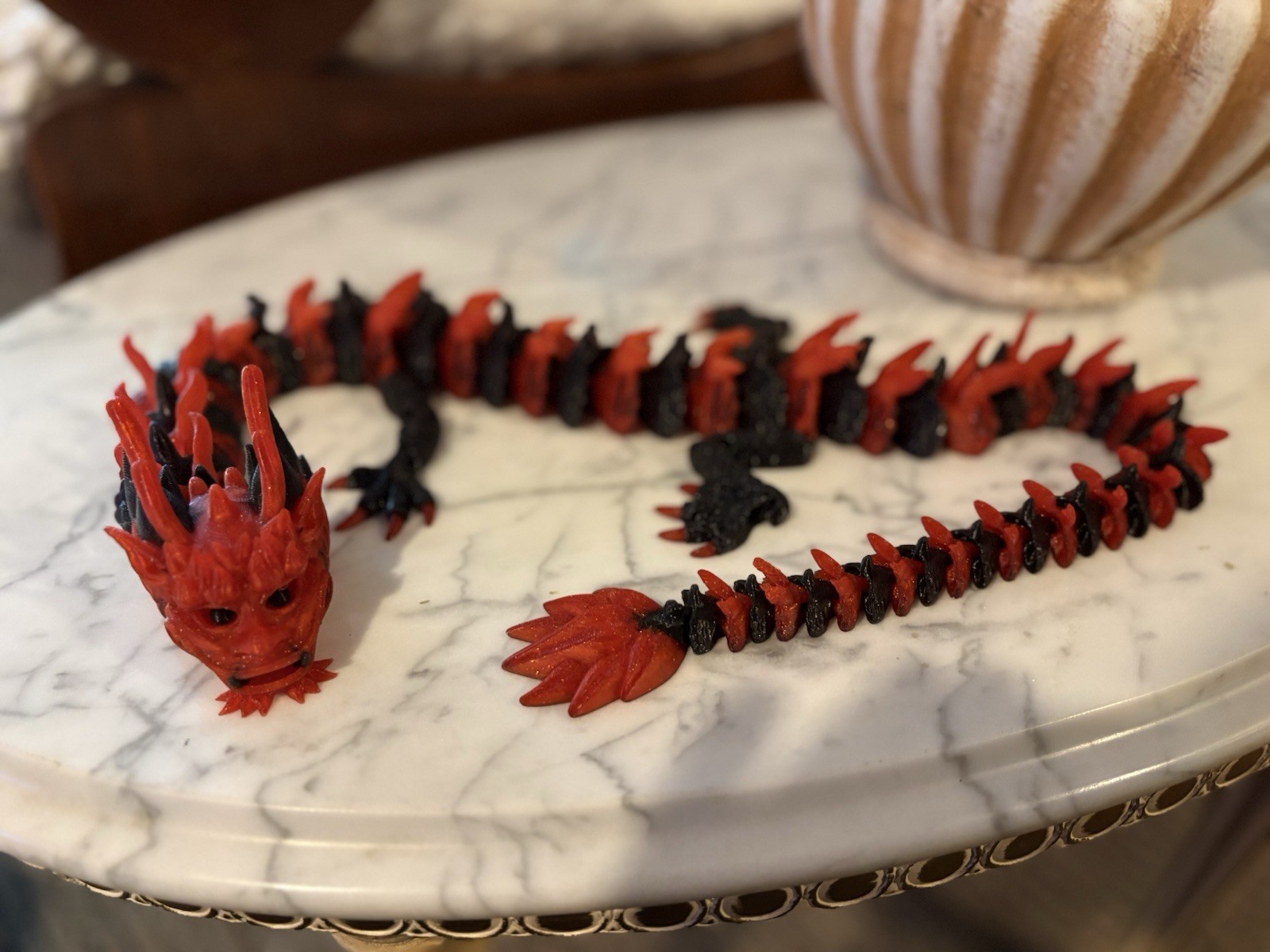 26” Long 3-D printed articulating dragon Chinese New Year Red Black Horns