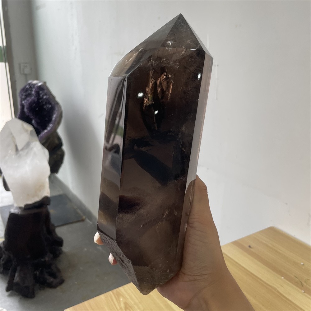 5.5LB 10.6″ A++Natural Smoky Quartz Obelisk Tower Quartz Crystal Energy +Stand